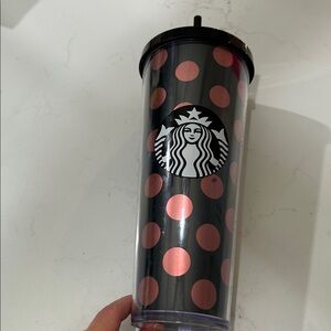 Starbucks Black Tumbler with rose gold Dots. Straw included